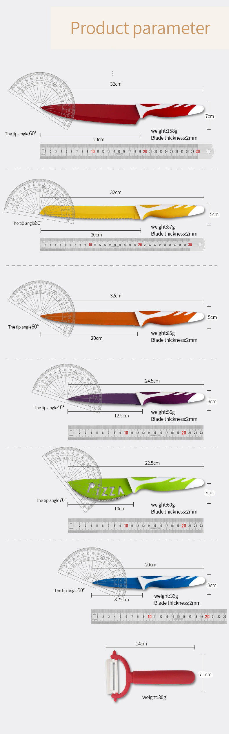 Colorful Kitchen Knife Set With Peeler, 6 pcs Chef Knife Set with Colored Handle, Sharp Cooking Knives with Gift Box